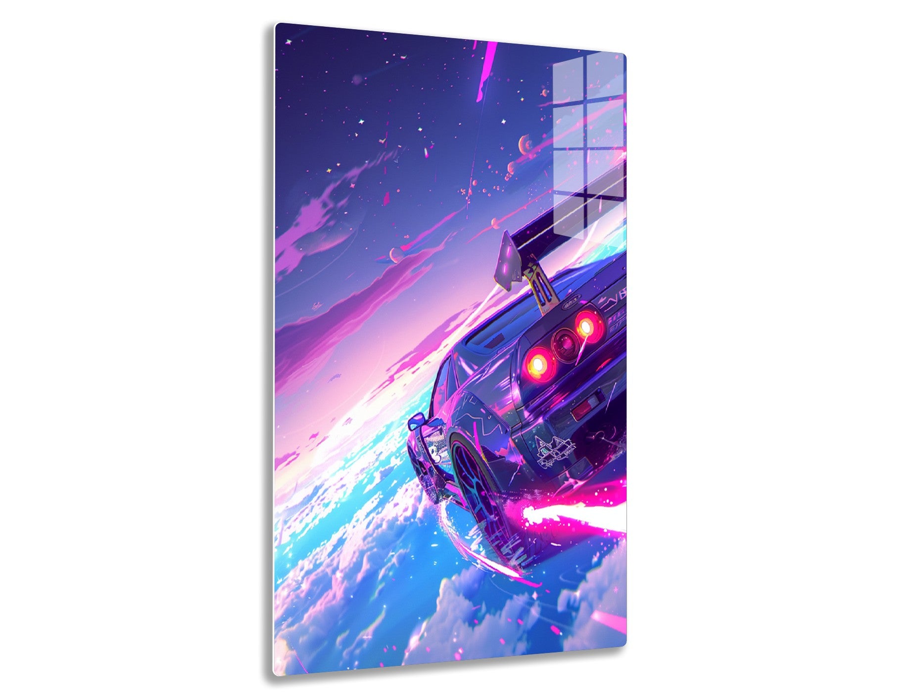 A futuristic digital illustration of a classic muscle car soaring through a vibrant, cosmic atmosphere filled with colorful nebulae and stellar fragments, depicting a surreal and dynamic scene.
