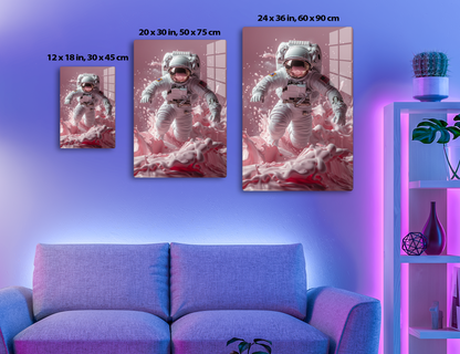 An astronaut in a white spacesuit floats gracefully amid a vibrant pink nebulous environment, surrounded by swirling clouds and bubbles, creating a surreal and otherworldly scene.
