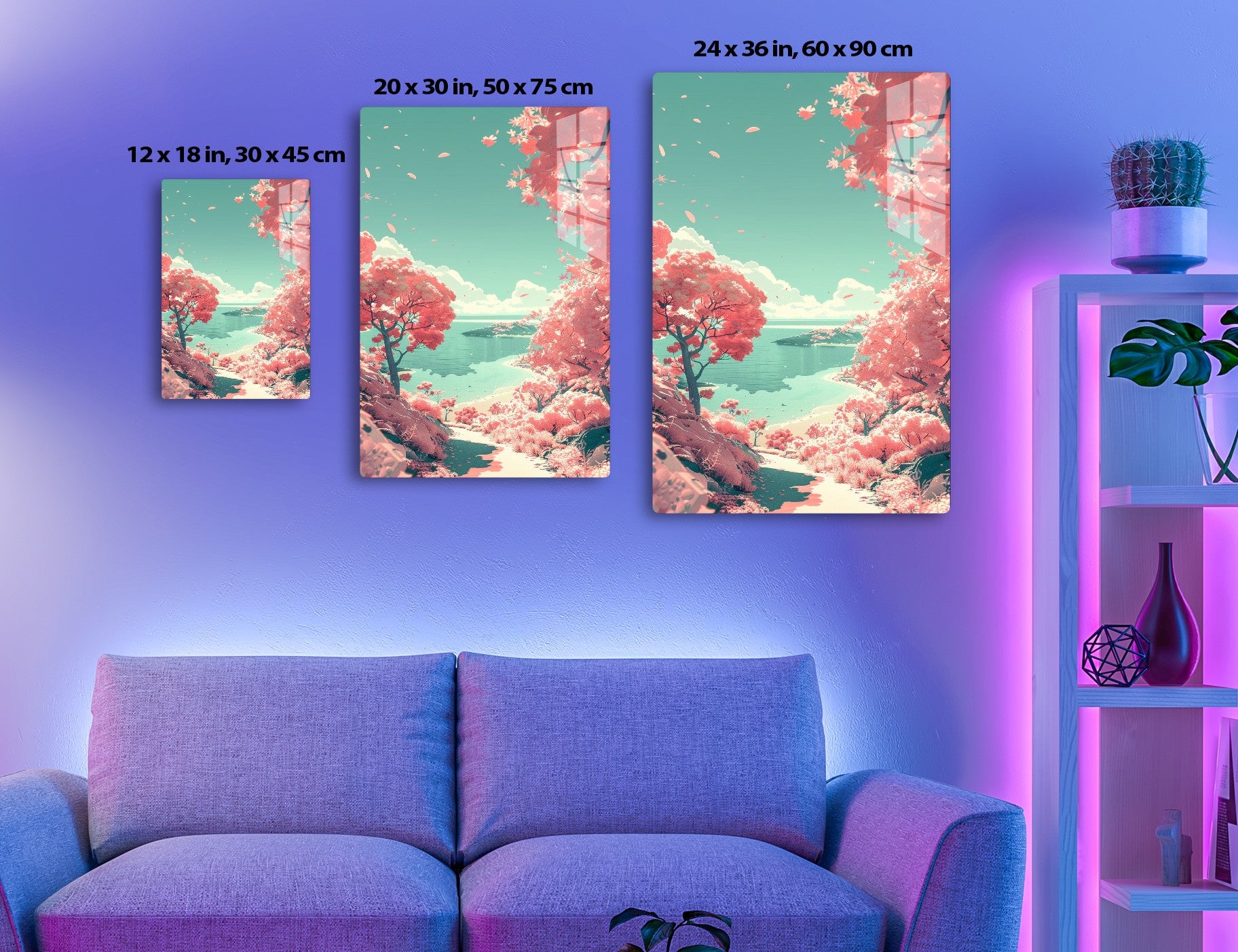 A serene landscape with cherry blossom trees in full bloom, their pink flowers cascading over a tranquil lake and surrounding hills, creating a dreamlike, peaceful scenery.
