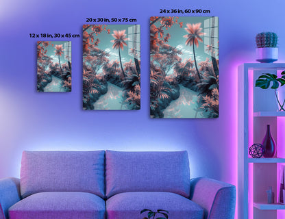 Surreal tropical scenery with tall palm trees and lush foliage rendered in vibrant shades of pink, teal and turquoise, creating a dreamy, otherworldly atmosphere.
