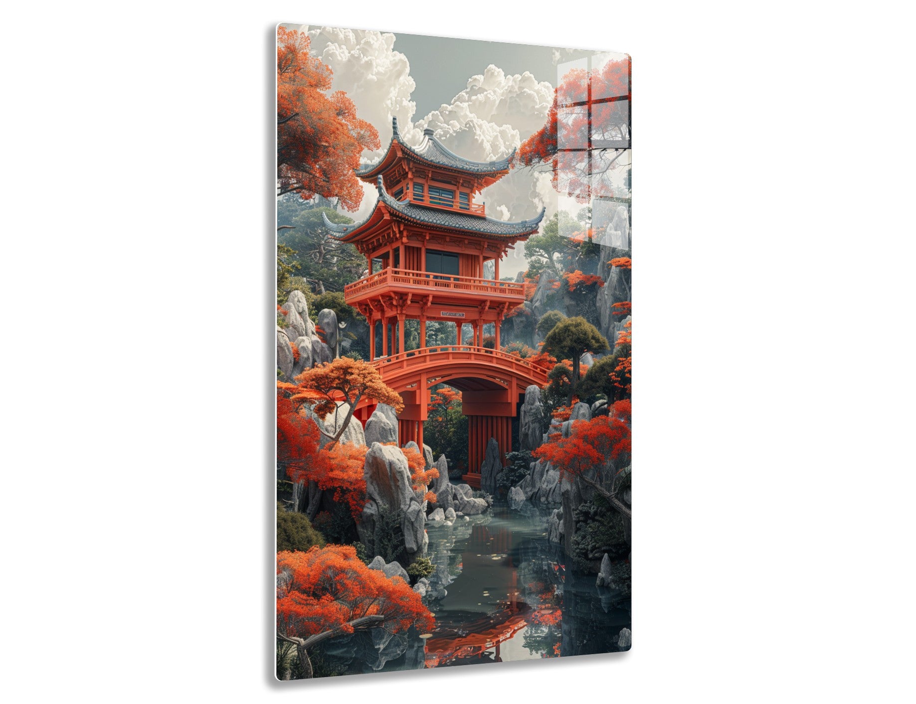 A scenic image of a traditional red Japanese pagoda with ornate curved roofs and bridge over a pond filled with rocks, surrounded by vibrant fall foliage and towering clouds.
