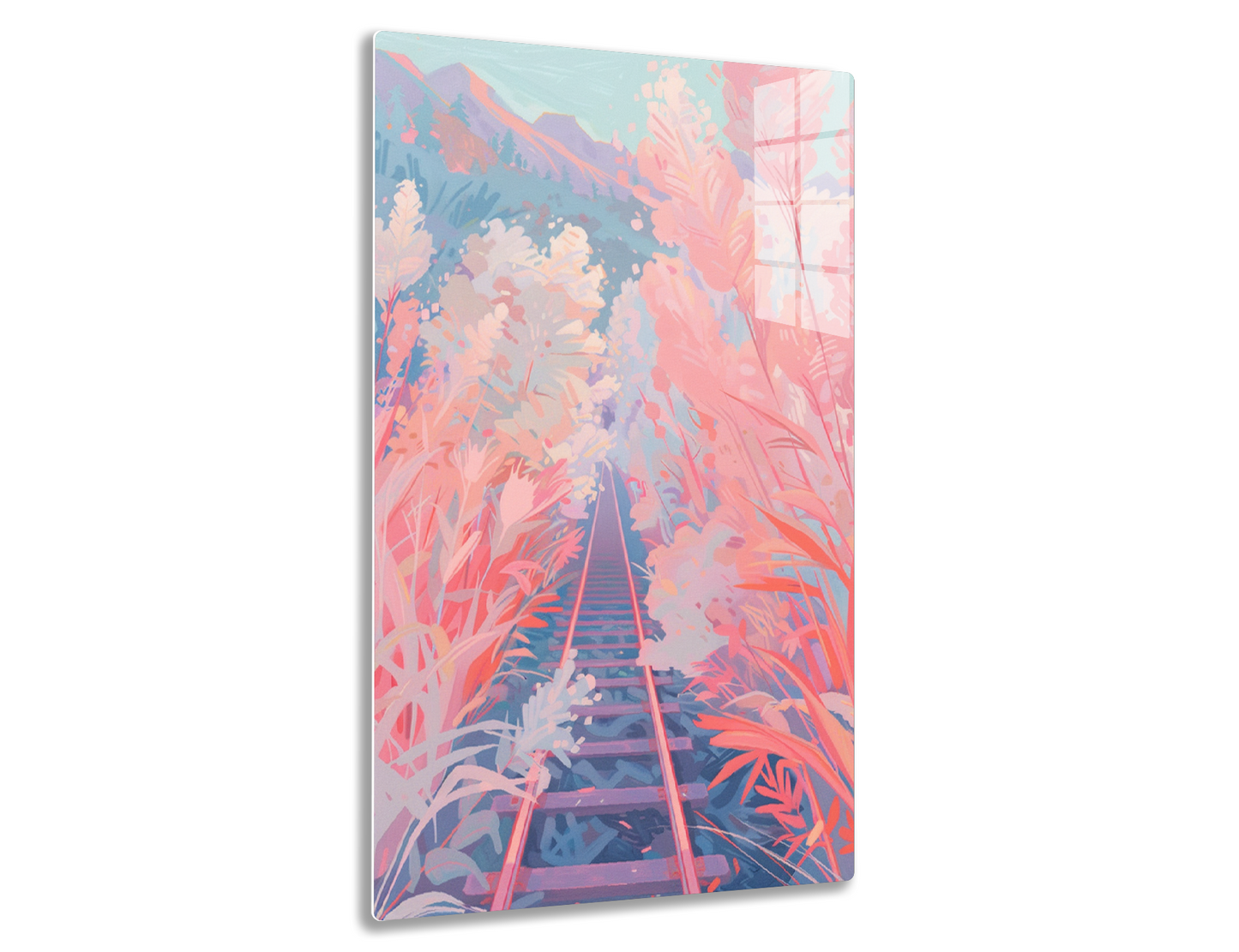 Railroad tracks leading through vibrant pink and purple foliage towards distant mountains under a cloudy sky.
