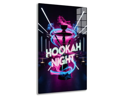 An abstract neon illustration featuring a hookah with swirling pink and blue smoke, surrounded by glowing lines and the text "Hookah Night" in futuristic lettering, creating a vibrant, stylized atmosphere.
