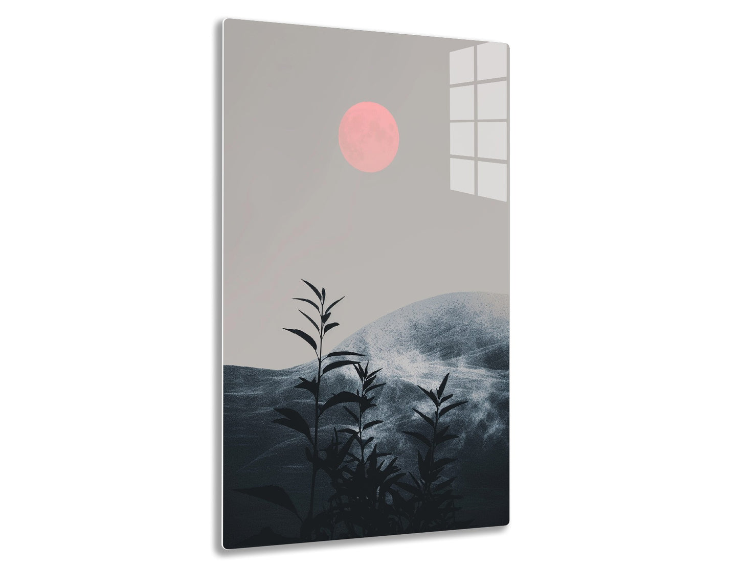 A minimalist landscape illustration with a large pink sun or moon in a gray sky, silhouettes of rolling hills or mountains in the background, and black botanical elements resembling plants or trees in the foreground.
