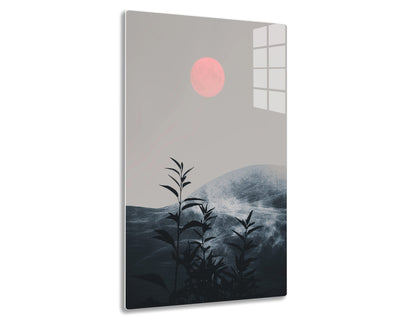 A minimalist landscape illustration with a large pink sun or moon in a gray sky, silhouettes of rolling hills or mountains in the background, and black botanical elements resembling plants or trees in the foreground.
