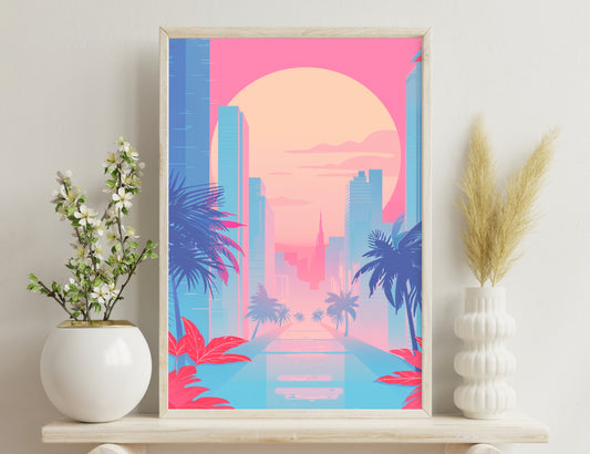 Scenic city skyline with palm trees and vibrant sunset colors of pink, blue, and purple creating a tropical modern urban atmosphere.
