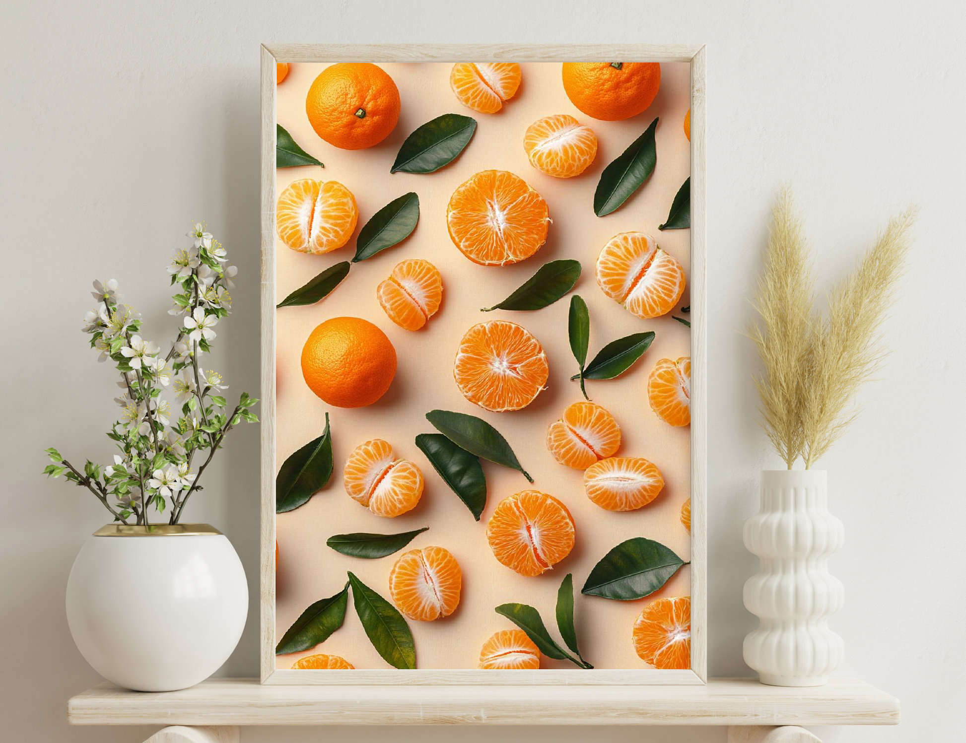 Orange slices mixed with green leaves arranged on a beige background. Whole oranges and segments are visible, showcasing the vibrant colors and textures.
