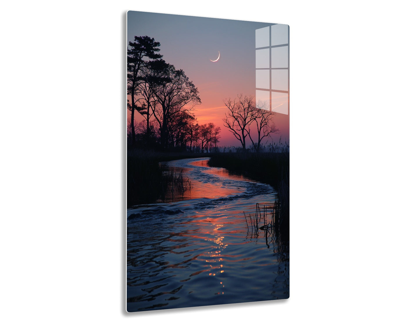 Twilight landscape with a crescent moon in the sky, bare trees silhouetted against a colorful sunset reflecting on a winding stream
