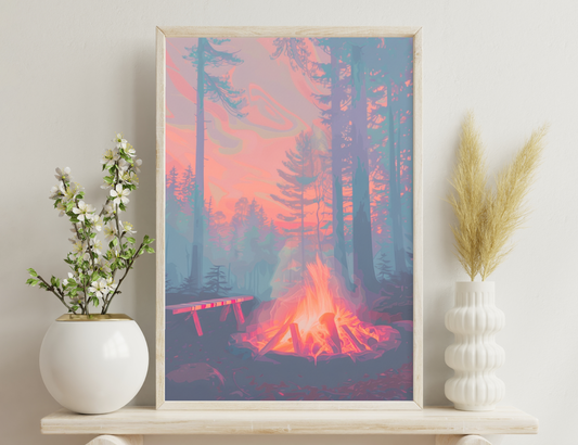 A serene forest scene with tall trees silhouetted against a vibrant pink and purple sunset sky, a warm campfire glowing in the foreground with a wooden bench beside it.
