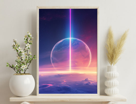 A futuristic sci-fi scene depicting a large glowing planet or sphere with a vibrant pink and blue aura, emitting a powerful beam of light into the cloudy atmosphere above, surrounded by a starry cosmos.
