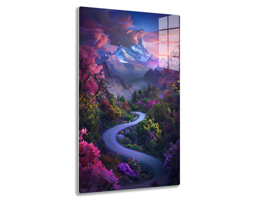 A breathtaking fantasy landscape with majestic snow-capped mountains, vibrant pink and purple foliage, and a winding road leading through a lush, colorful valley under a dramatic sunset sky with soaring birds.
