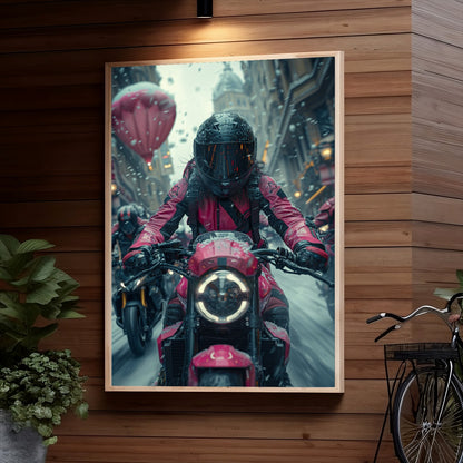 A cyberpunk motorcyclist in a dark futuristic city setting with neon lights and snow falling, wearing an imposing red and black armored suit equipped with glowing red accents, seated on a high-tech red motorcycle.
