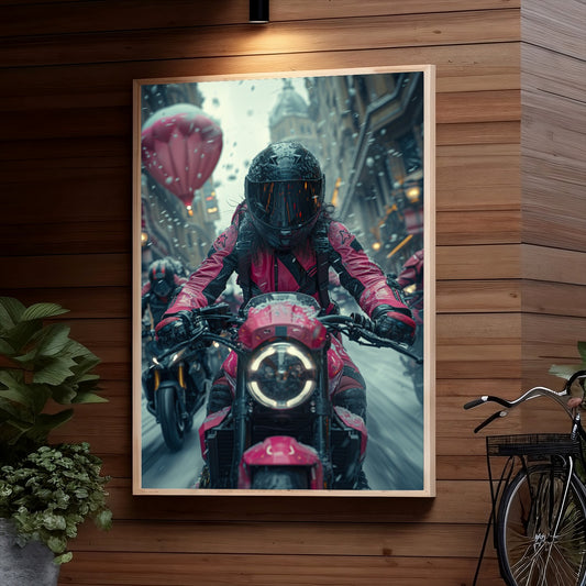 A cyberpunk motorcyclist in a dark futuristic city setting with neon lights and snow falling, wearing an imposing red and black armored suit equipped with glowing red accents, seated on a high-tech red motorcycle.
