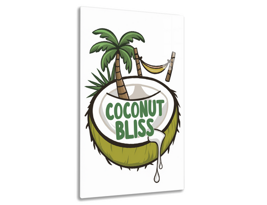 Illustration of a coconut with palm trees, a hammock, and the text "Coconut Bliss" - representing a tropical paradise or vacation spot.
