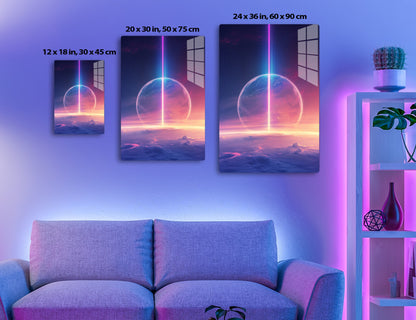 An artistic rendering of a futuristic planet with a vibrant pink and blue atmosphere being split by a towering beam of magenta light, creating a celestial gateway amidst the cosmos and clouds.
