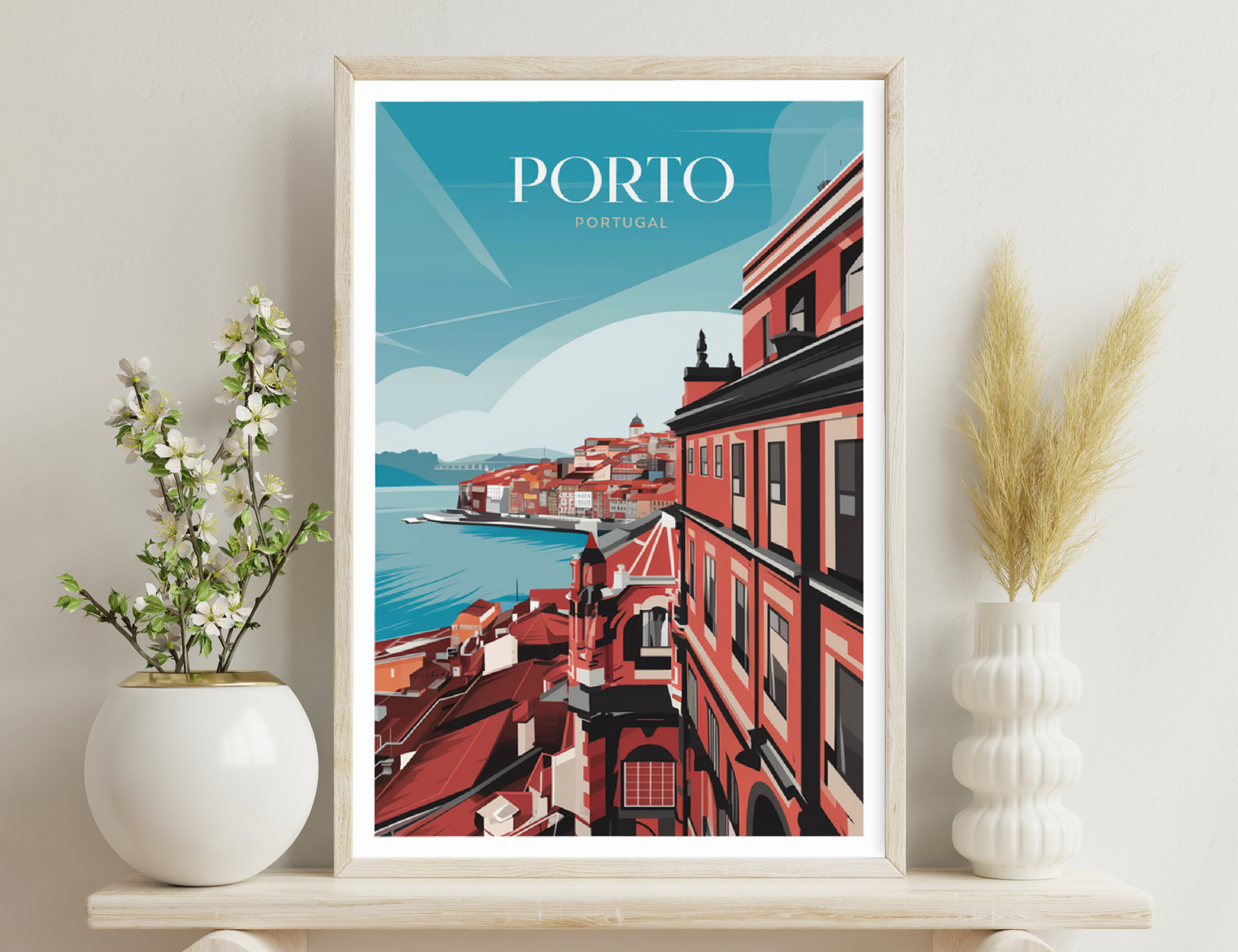 Porto, Portugal poster featuring a colorful illustration of the iconic red-tiled rooftops and traditional architecture lining the river Douro, capturing the city's unique charm and picturesque waterfront scenery.
