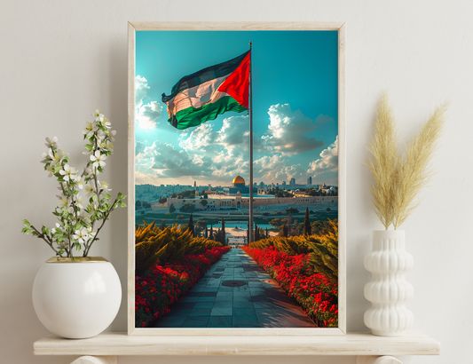 A Palestinian flag waves against a cloudy sky overlooking the Dome of the Rock mosque in Jerusalem, with a path lined with red flowers in the foreground.
