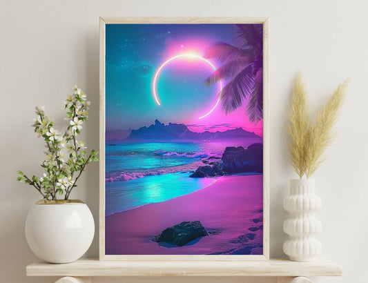 A vibrant, surreal beach scene at night with a glowing neon crescent hovering above palm trees, rocky shores and a calm ocean reflecting the vivid pink, blue and purple hues of the night sky.
