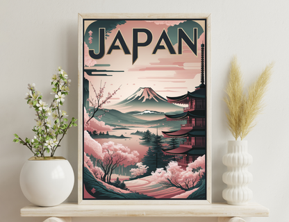 Vintage-style travel poster depicting a scenic Japanese landscape with Mount Fuji, a pagoda, cherry blossoms, and the word "Japan" in large text.
