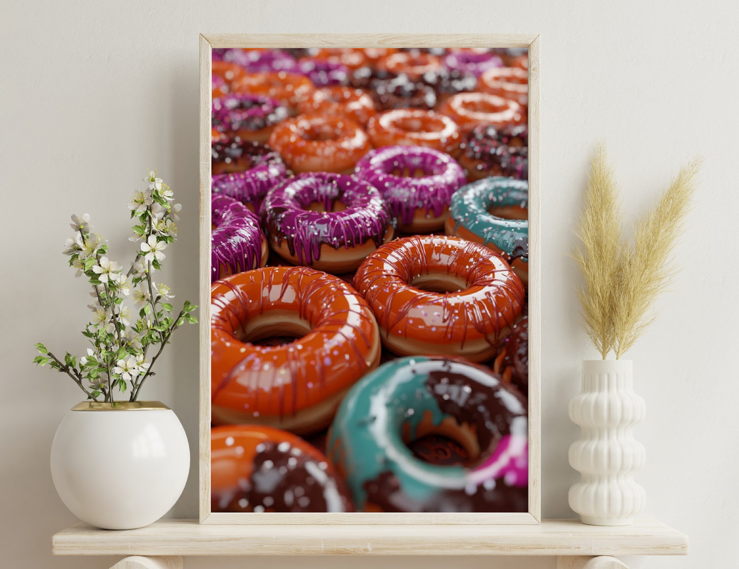 Assorted glazed donuts in vibrant colors of orange, pink, purple and blue, with sprinkles on top.
