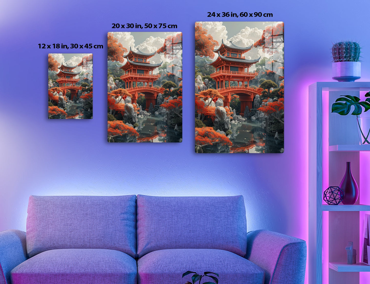 A scenic image of a traditional red Japanese pagoda with ornate curved roofs and bridge over a pond filled with rocks, surrounded by vibrant fall foliage and towering clouds.
