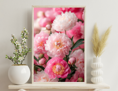 Close-up of vibrant pink and white peonies in full bloom, displaying ruffled petals and yellow centers, creating a lush, romantic floral display.
