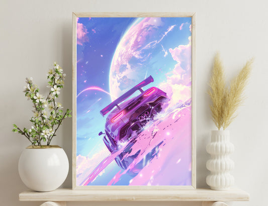 A futuristic, purple-colored spacecraft zooms through vibrant cosmic clouds and a ringed planet in the distant background, creating a surreal and imaginative scene that blends science fiction and artistic elements.

