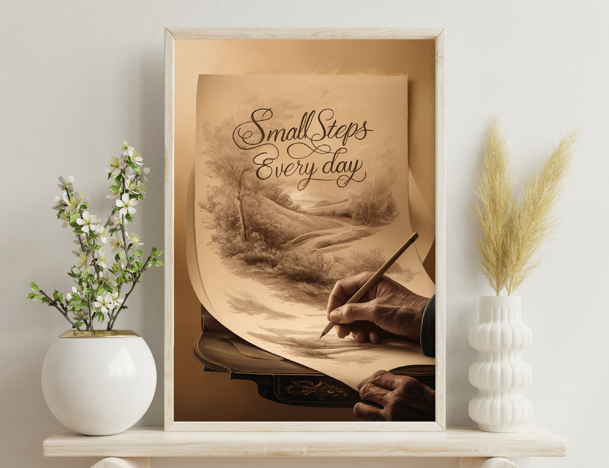 A sepia-toned image depicting a motivational quote "Small Steps Every day" handwritten over a scenic path winding through a hilly landscape, with a hand holding a pen as if writing on the image itself.
