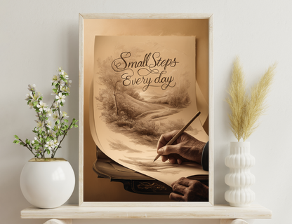 A sepia-toned image depicting a motivational quote "Small Steps Every day" handwritten over a scenic path winding through a hilly landscape, with a hand holding a pen as if writing on the image itself.

