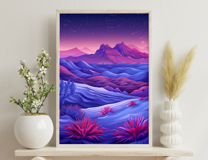 A surreal landscape with towering purple mountains, rolling hills in shades of blue and purple, a starry night sky with shooting stars, and vibrant red desert flora in the foreground.
