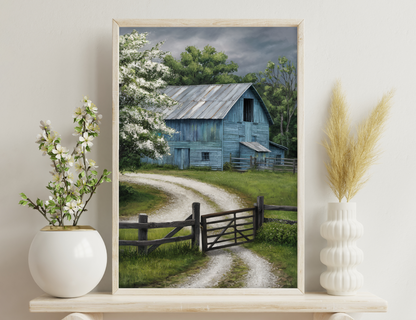 An old weathered barn with blue-gray wooden siding and a tin roof, surrounded by blooming trees and a wooden fence, with a grassy path leading to it under stormy skies.
