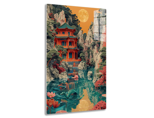 A picturesque scene featuring a traditional Chinese pavilion set amidst towering rock formations, vibrant foliage, a tranquil pond with lotus flowers and koi fish, and a large full moon in an orange-hue
