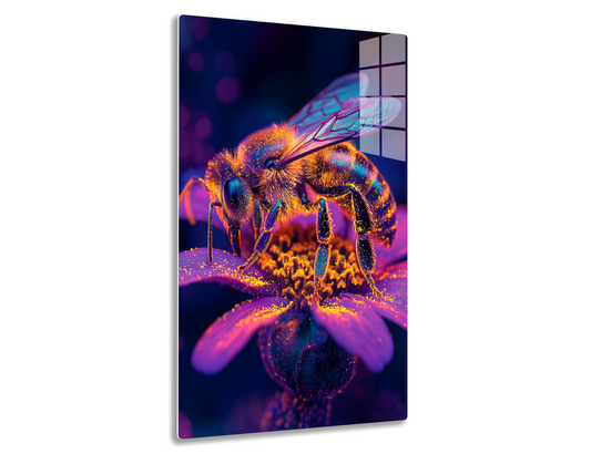 Vibrant macro photograph of a bee pollinating a purple flower, revealing iridescent colors and intricate details of the insect and petals.
