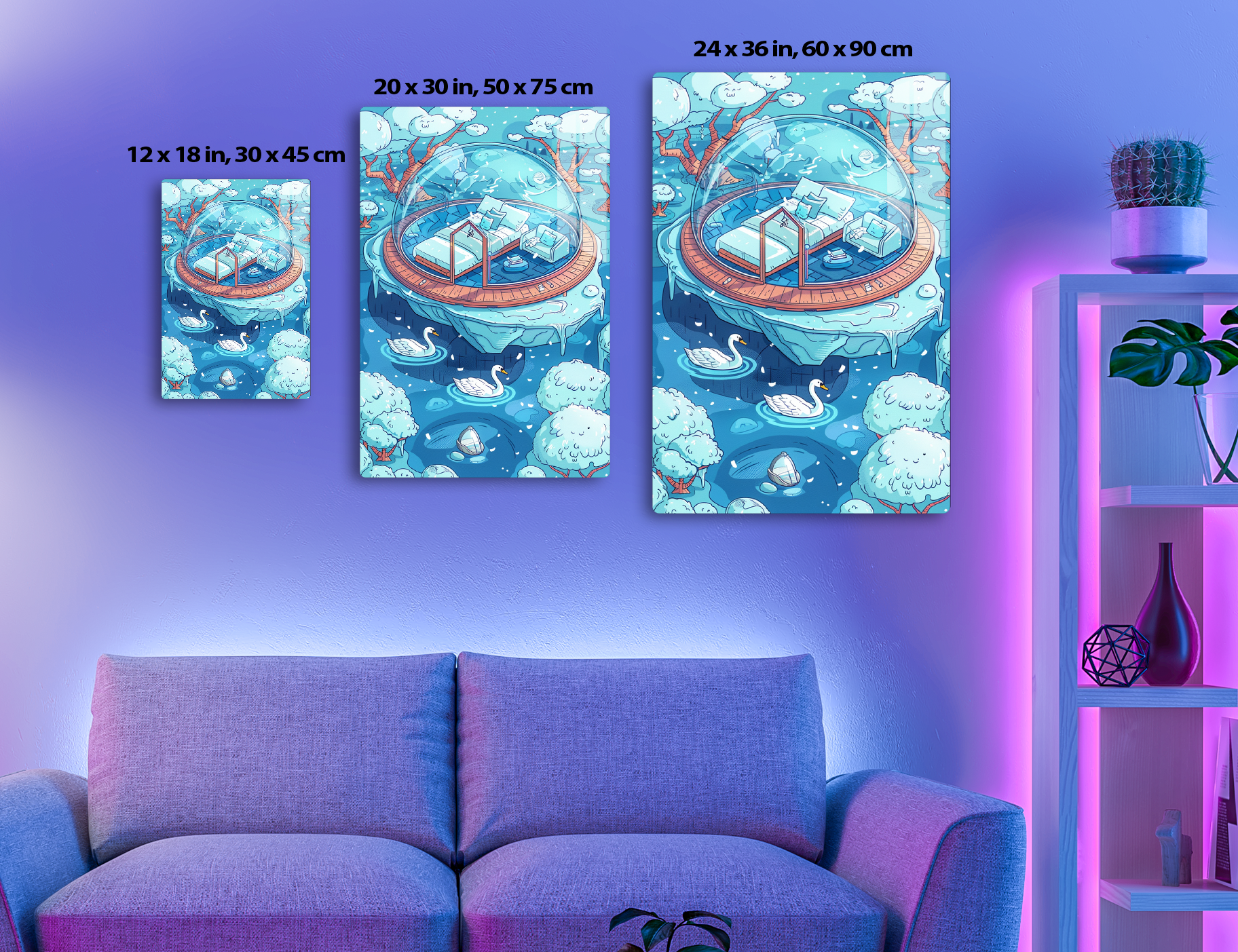 A whimsical illustration of a cozy bedroom encapsulated in a transparent dome, suspended over a serene lake with swans and surrounded by swaying trees and fluffy clouds in a dreamlike landscape.
