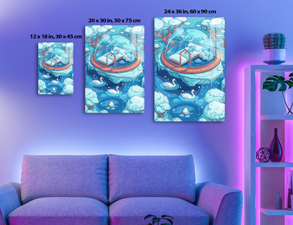 A whimsical illustration of a cozy bedroom encapsulated in a transparent dome, suspended over a serene lake with swans and surrounded by swaying trees and fluffy clouds in a dreamlike landscape.
