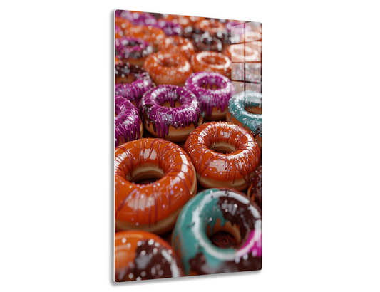 Assorted glazed donuts in vibrant colors of orange, pink, purple and blue, with sprinkles on top.
