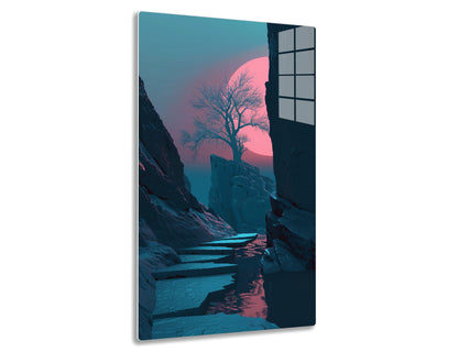 Breathtaking winter landscape with a bare tree silhouetted against a pink sunset sky, framed by rocky cliffs reflecting in frozen lake steps leading into the mountainous scene.
