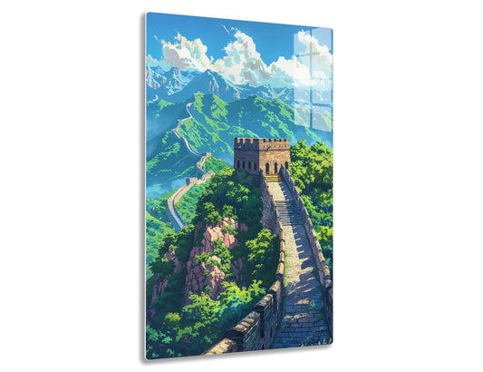 The Great Wall of China winding through lush green hills and mountains against a backdrop of majestic snow-capped peaks and billowing clouds in a vibrant landscape painting.
