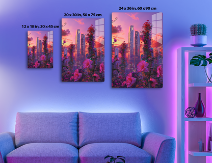 Colorful artistic rendering of a futuristic city skyline with towering skyscrapers amidst vibrant pink, purple and red foliage against a dramatic sunset sky.
