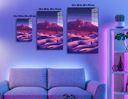 A vibrant desert landscape at night, with towering red rock formations against a starry purple sky. Undulating red sand dunes are dotted with blue-tinted shrubs and cacti, creating a surreal and visually striking
