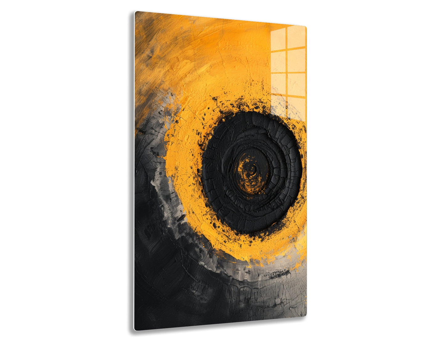 A close-up of a muddy tire tread, with vibrant orange and black splatters creating an abstract spiral pattern.
