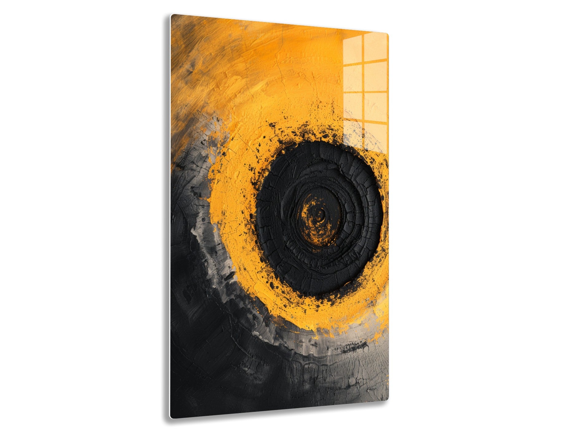 A close-up of a muddy tire tread, with vibrant orange and black splatters creating an abstract spiral pattern.
