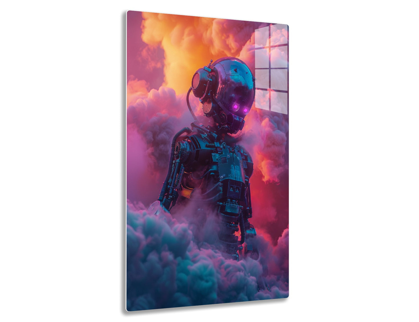 A futuristic astronaut suit floats among vibrant orange and pink clouds against a dramatic sky, with intricate mechanical details and glowing lights giving it a surreal, otherworldly appearance.
