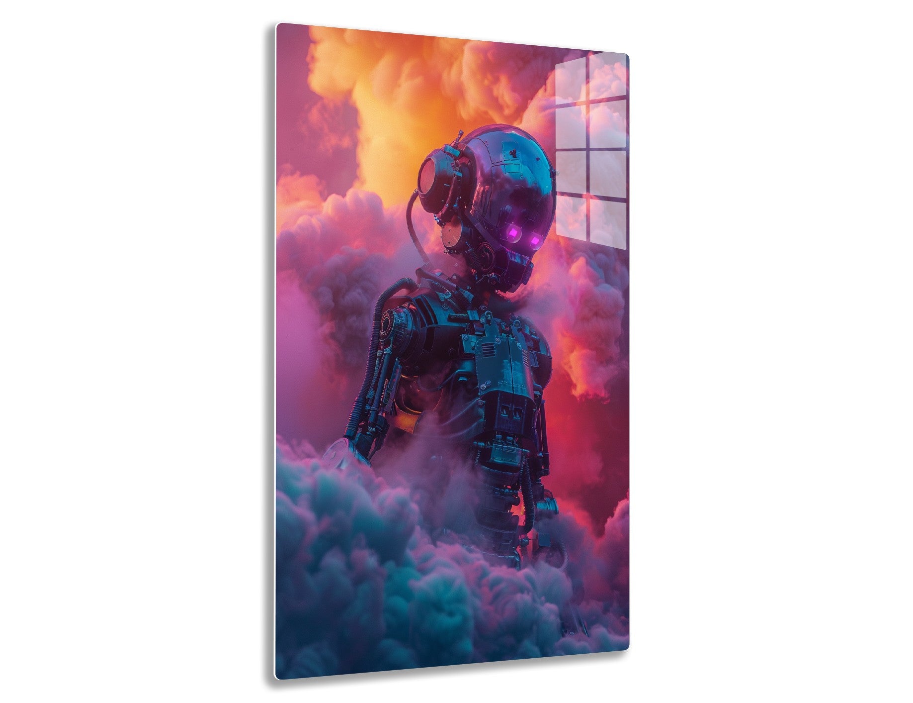 A futuristic astronaut suit floats among vibrant orange and pink clouds against a dramatic sky, with intricate mechanical details and glowing lights giving it a surreal, otherworldly appearance.
