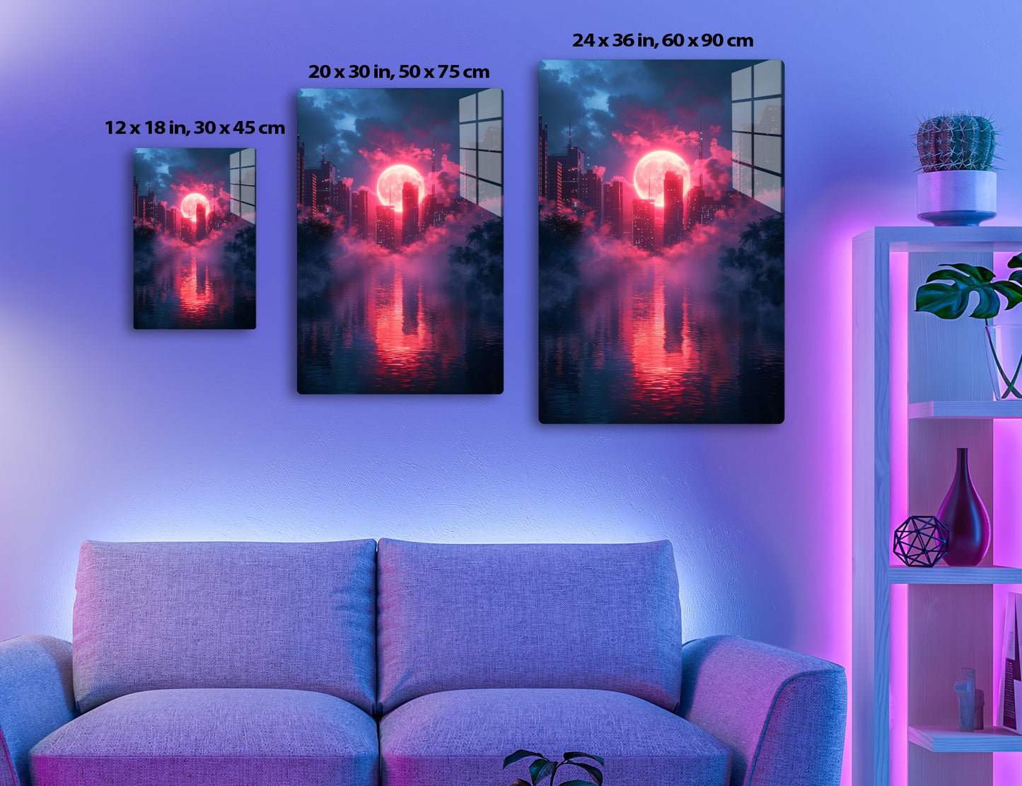 A surreal cityscape at night features a massive, glowing red full moon rising behind skyscrapers shrouded in pink and blue clouds, with the city's illuminated skyline reflected in rippling waters below.
