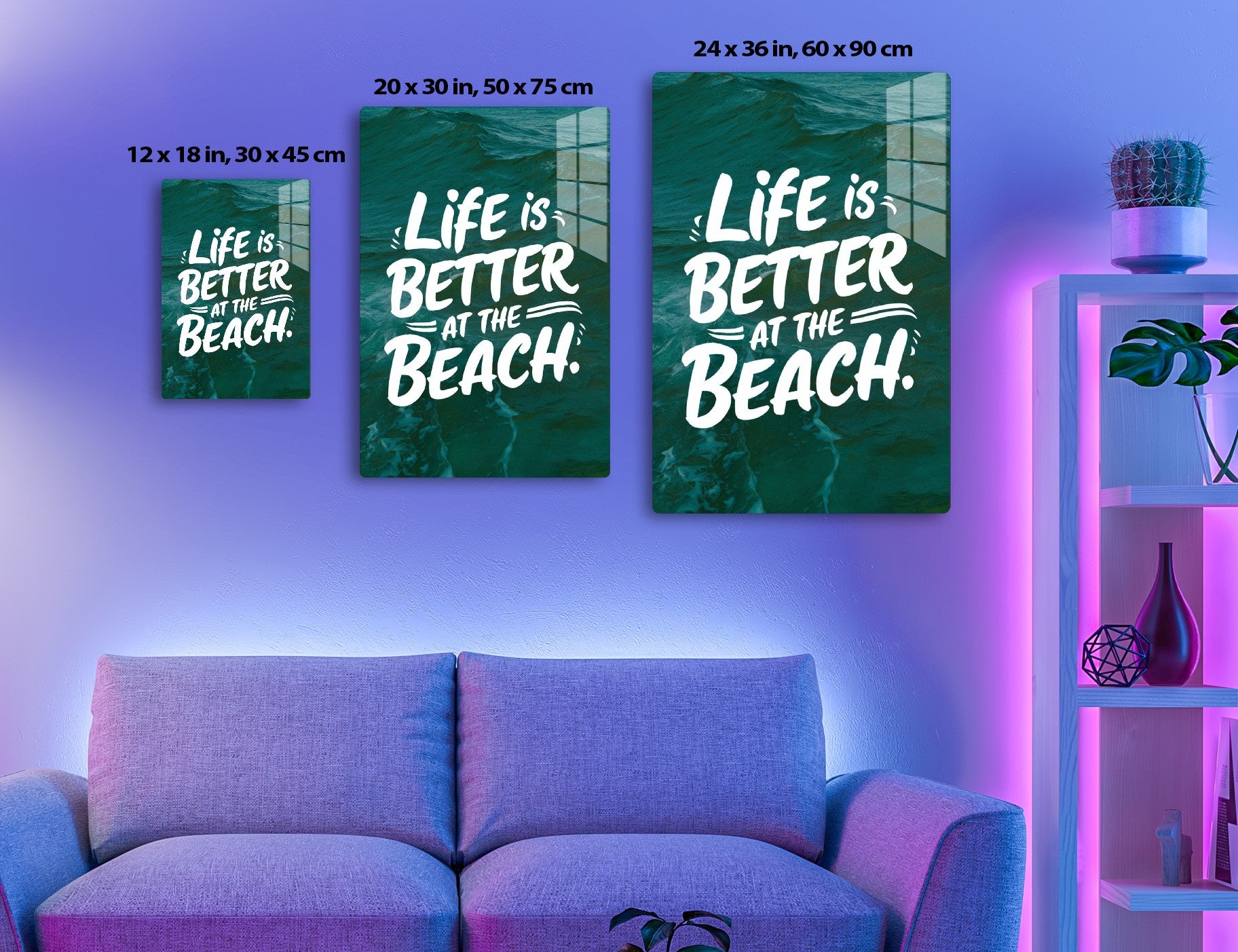 Life is better at the beach text overlaid on an image of teal ocean waves
