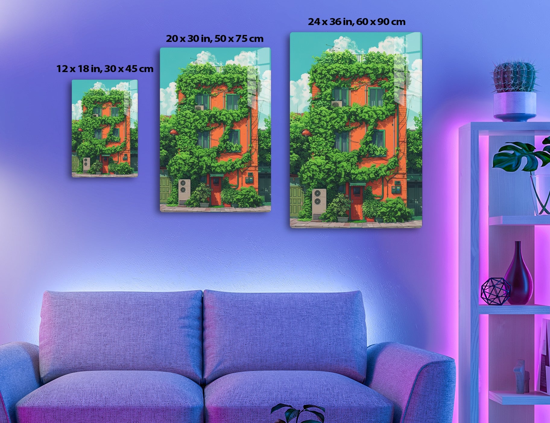 An intricately detailed illustration depicts a vibrant orange building enveloped in lush green foliage, with windows and a doorway peeking through the verdant vines against a picturesque cloudy blue sky backdrop.
