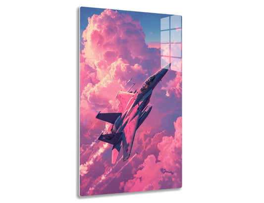 A sleek pink fighter jet soars through a dramatic sky filled with puffy pink and purple clouds at sunset, creating a vivid and striking visual scene.
