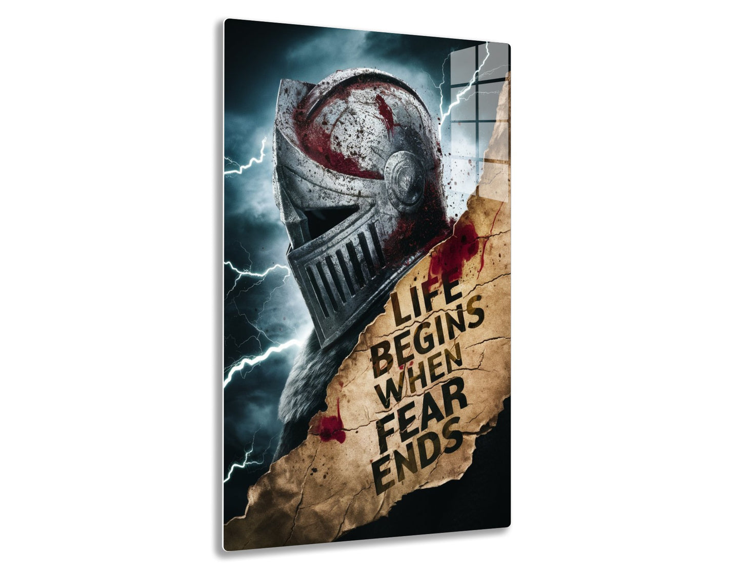 Ancient medieval knight's helmet splattered with blood against a stormy sky, with the text "Life begins when fear ends" suggesting courage and overcoming fear.
