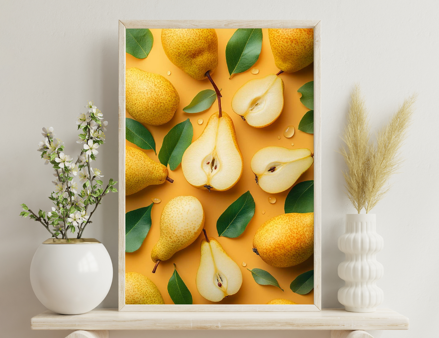 Image shows a vibrant arrangement of fresh pears and their sliced halves against an orange background, with green leaves scattered around. The pears are yellow-speckled with brown stems attached, creating a colorful and appetizing display.
